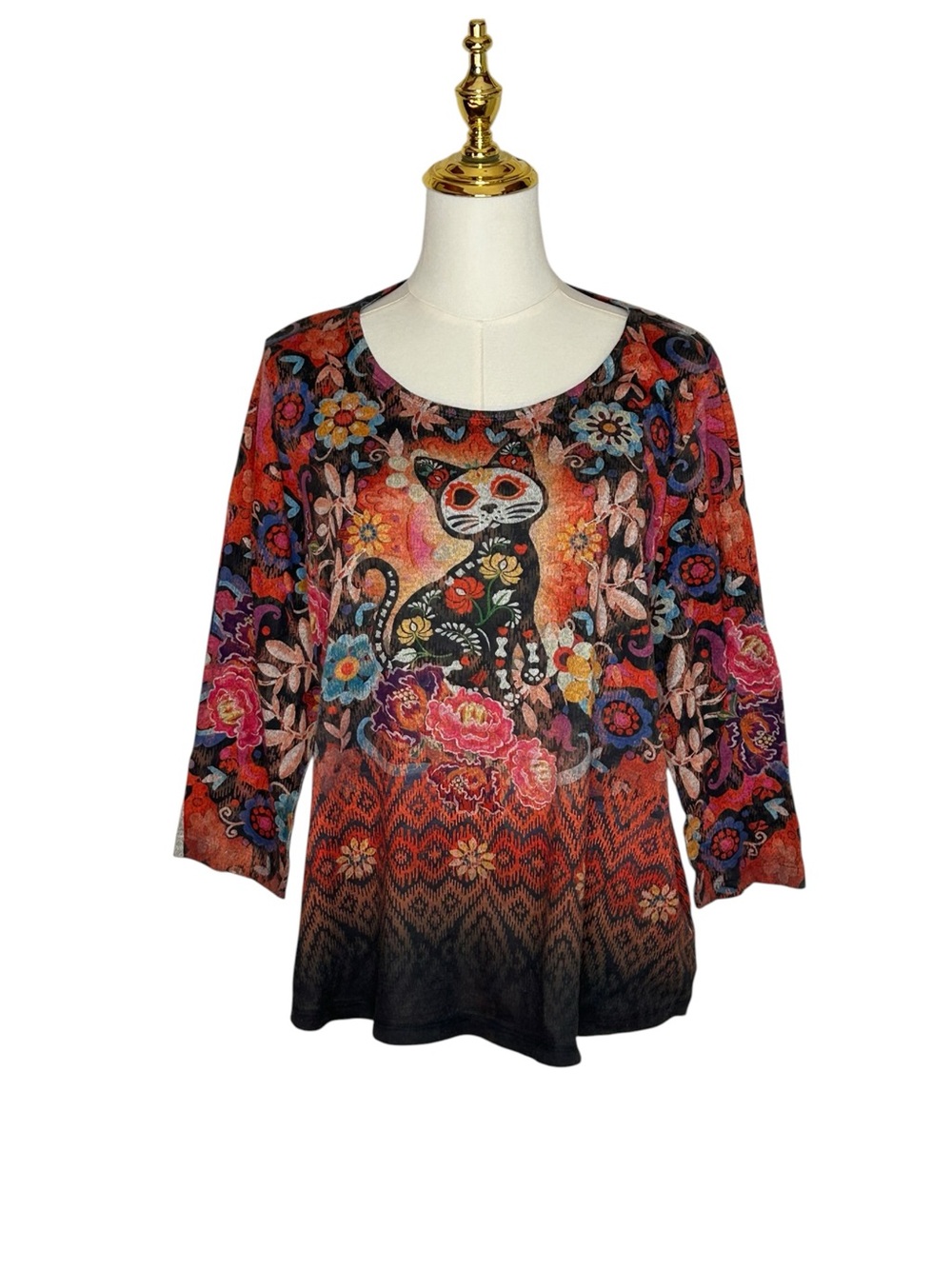 Emerge World Wear Boho Day of the Dead Graphic Cat Top Multicolor Sz XL Artsy